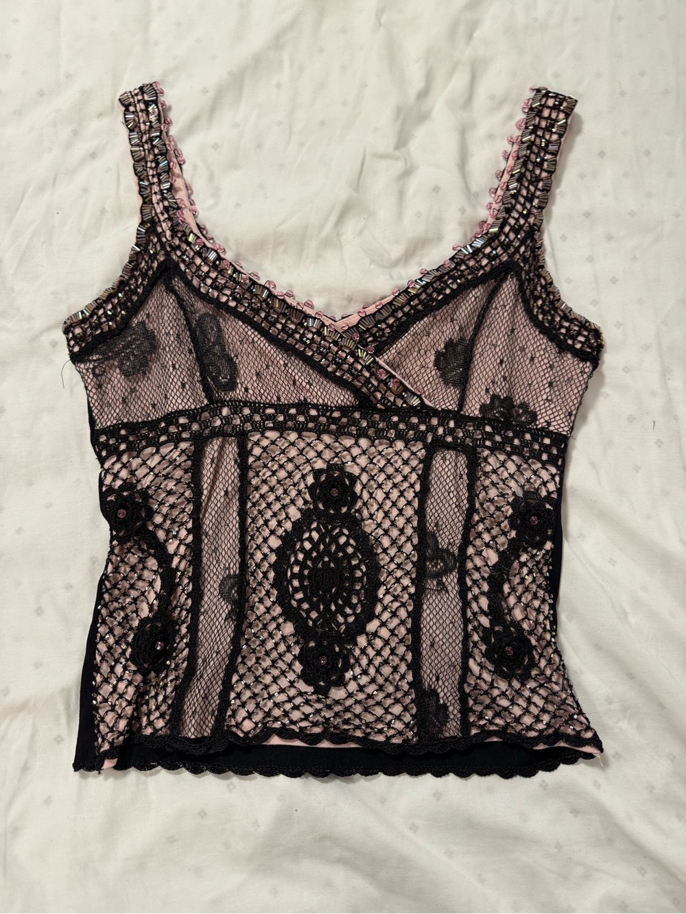 Dolce Cabo Pink and Black Lace Beaded Tank Top